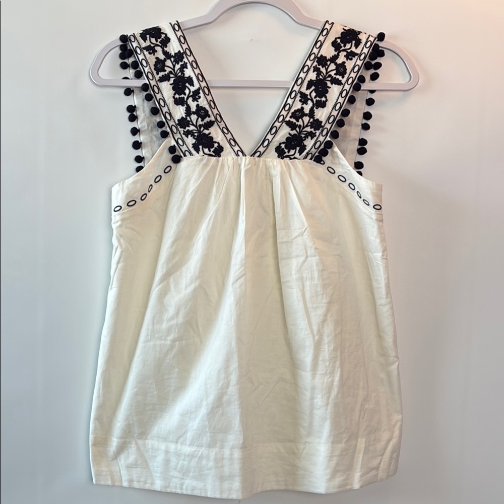 J. Crew Embroidered Sleeveless Top with Pom Pom- Navy Blue  & White